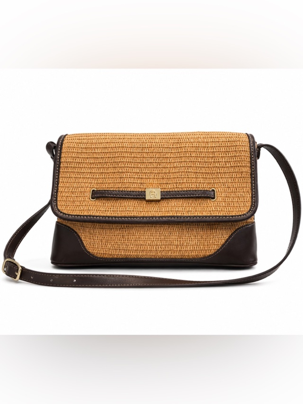 Vintage Etienne Aigner Tan Woven Shoulder Bag with Dark Brown Trim